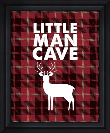Framed Little Man Cave - Deer Red Plaid Background Print