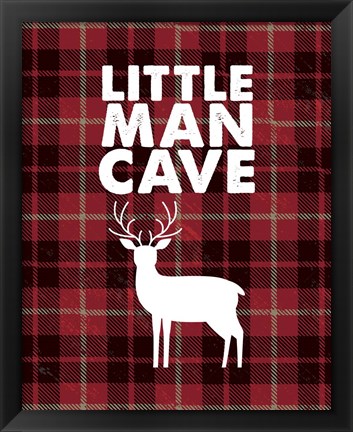 Framed Little Man Cave - Deer Red Plaid Background Print