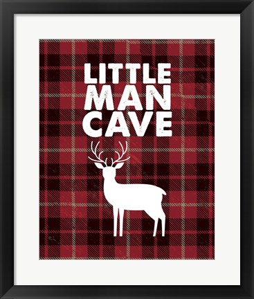 Framed Little Man Cave - Deer Red Plaid Background Print
