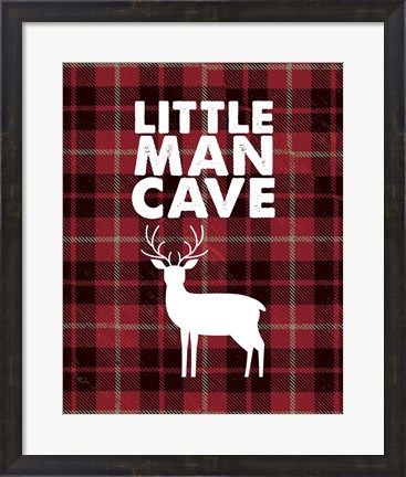Framed Little Man Cave - Deer Red Plaid Background Print