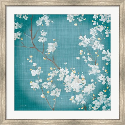 Framed White Cherry Blossoms II on Teal Aged no Bird Print