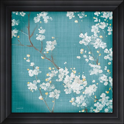 Framed White Cherry Blossoms II on Teal Aged no Bird Print