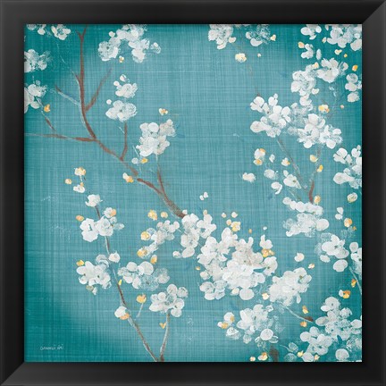 Framed White Cherry Blossoms II on Teal Aged no Bird Print