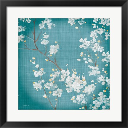 Framed White Cherry Blossoms II on Teal Aged no Bird Print