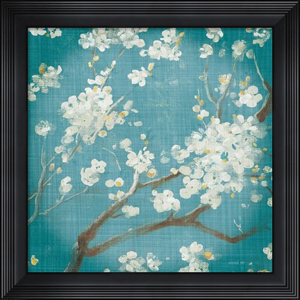 Framed White Cherry Blossoms I on Teal Aged no Bird Print