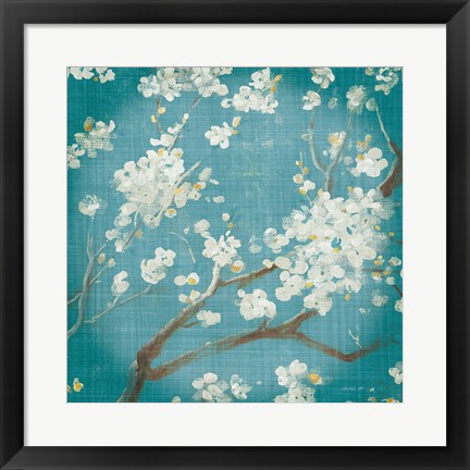 Framed White Cherry Blossoms I on Teal Aged no Bird Print