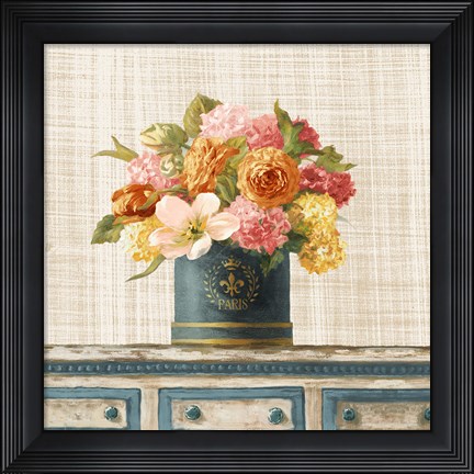 Framed Tulips in Teal and Gold Hatbox on Linen Print