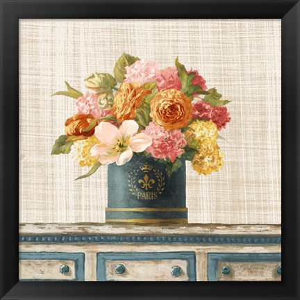 Framed Tulips in Teal and Gold Hatbox on Linen Print