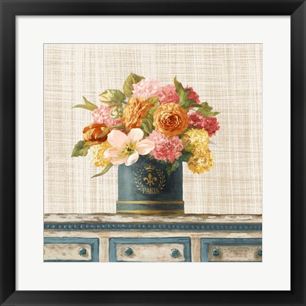 Framed Tulips in Teal and Gold Hatbox on Linen Print