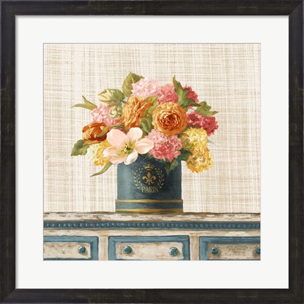 Framed Tulips in Teal and Gold Hatbox on Linen Print