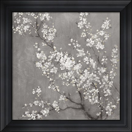 Framed White Cherry Blossoms II on Grey Crop Print