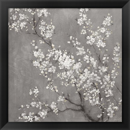 Framed White Cherry Blossoms II on Grey Crop Print