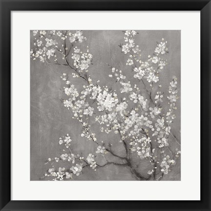 Framed White Cherry Blossoms II on Grey Crop Print