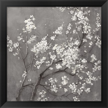 Framed White Cherry Blossoms I on Grey Crop Print