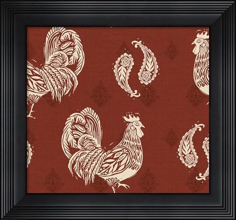 Framed Woodcut Rooster Patterns Print