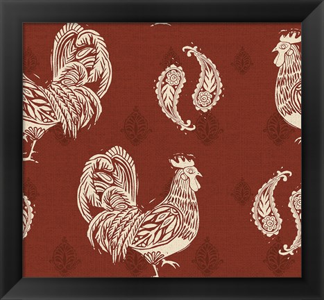 Framed Woodcut Rooster Patterns Print