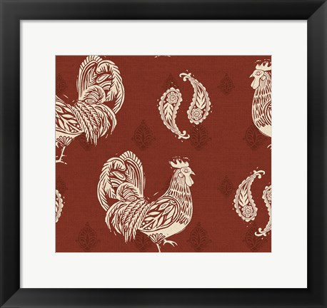 Framed Woodcut Rooster Patterns Print