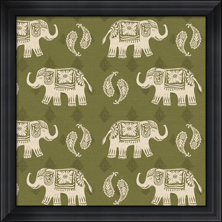 Framed Woodcut Elephant Patterns Print