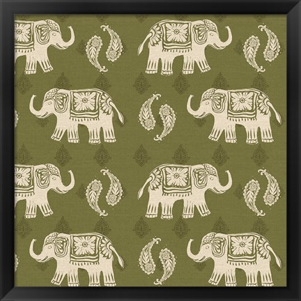 Framed Woodcut Elephant Patterns Print