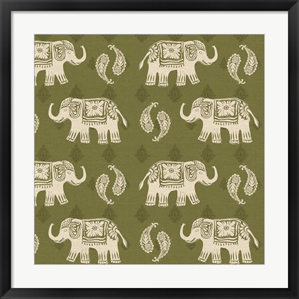 Framed Woodcut Elephant Patterns Print