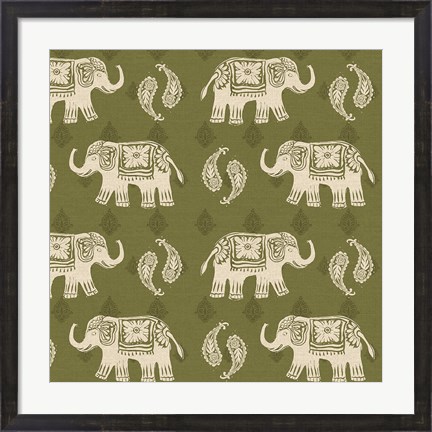 Framed Woodcut Elephant Patterns Print