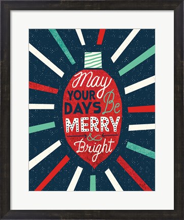 Framed Festive Holiday Light Bulb Merry and Bright Print