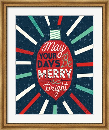 Framed Festive Holiday Light Bulb Merry and Bright Print