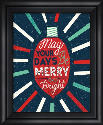 Framed Festive Holiday Light Bulb Merry and Bright Print