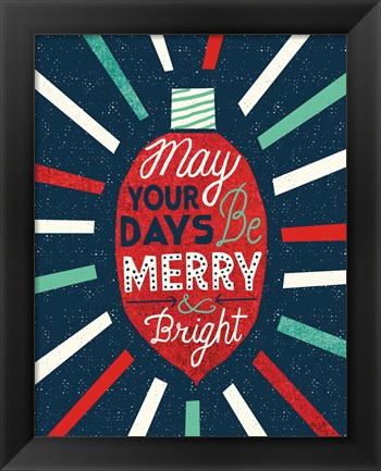 Framed Festive Holiday Light Bulb Merry and Bright Print