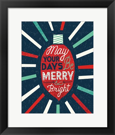 Framed Festive Holiday Light Bulb Merry and Bright Print