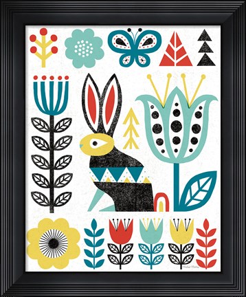Framed Folk Lodge Rabbit V2 Teal Print