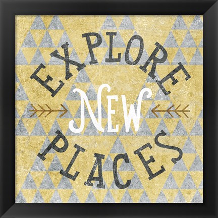 Framed Mod Triangles Explore New Places Gold Print