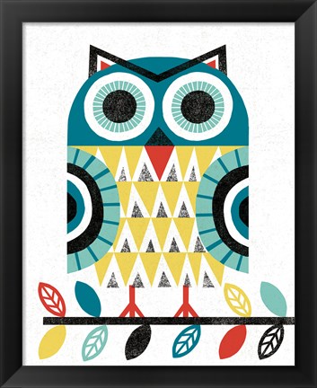 Framed Folk Lodge Owl V2 Teal Print