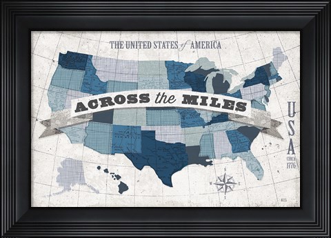 Framed USA Modern Vintage Blue Grey with Words Print