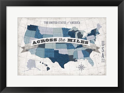 Framed USA Modern Vintage Blue Grey with Words Print