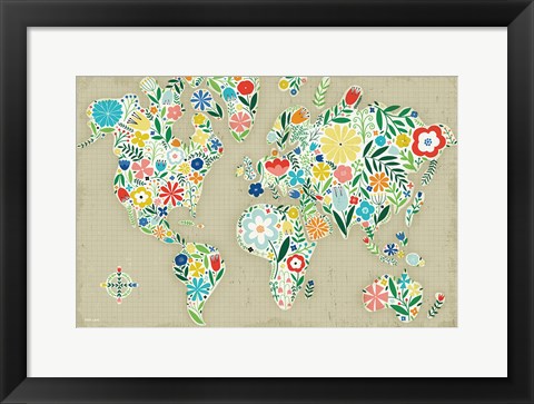 Framed Floral World Tan Print