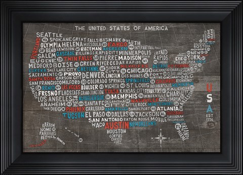 Framed US City Map on Wood Gray Print