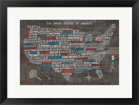 Framed US City Map on Wood Gray Print