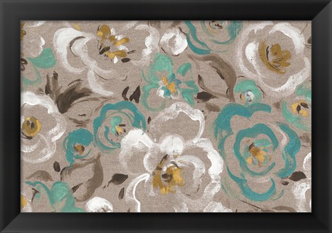 Framed Brushed Petals I Teal Print