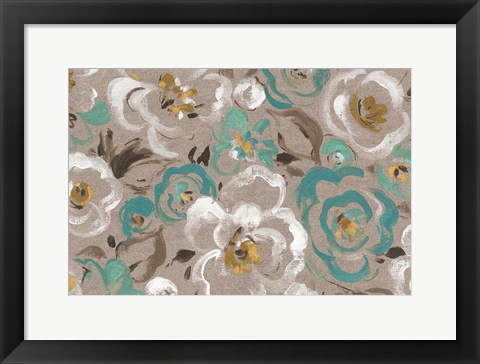 Framed Brushed Petals I Teal Print