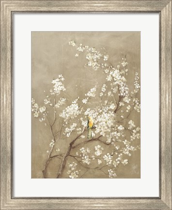 Framed White Cherry Blossom I Neutral Crop Bird Print