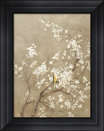 Framed White Cherry Blossom I Neutral Crop Bird Print