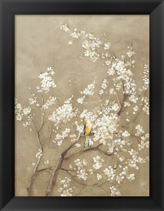 Framed White Cherry Blossom I Neutral Crop Bird Print