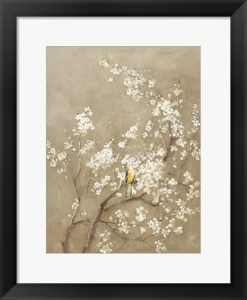 Framed White Cherry Blossom I Neutral Crop Bird Print