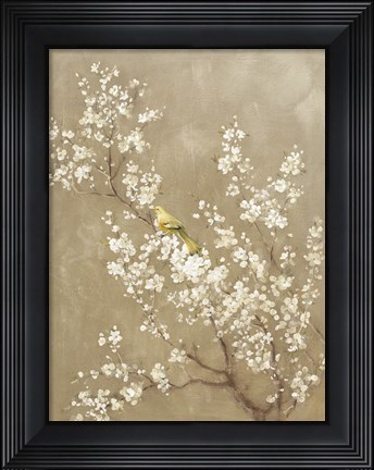 Framed White Cherry Blossom II Neutral Crop Bird Print
