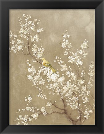 Framed White Cherry Blossom II Neutral Crop Bird Print