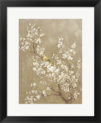 Framed White Cherry Blossom II Neutral Crop Bird Print