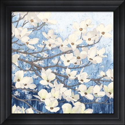 Framed Dogwood Blossoms II Indigo Print