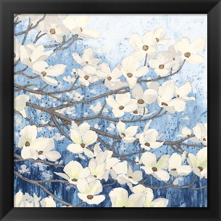 Framed Dogwood Blossoms II Indigo Print