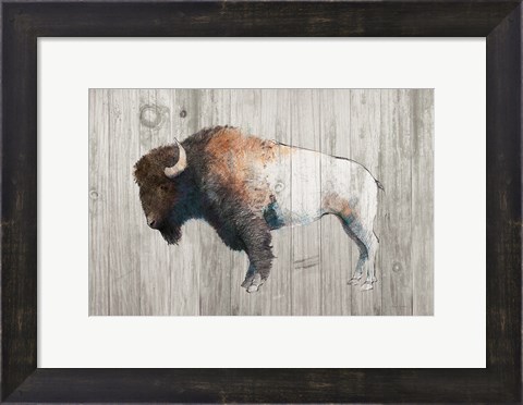 Framed Colorful Bison Dark Brown on Wood Print